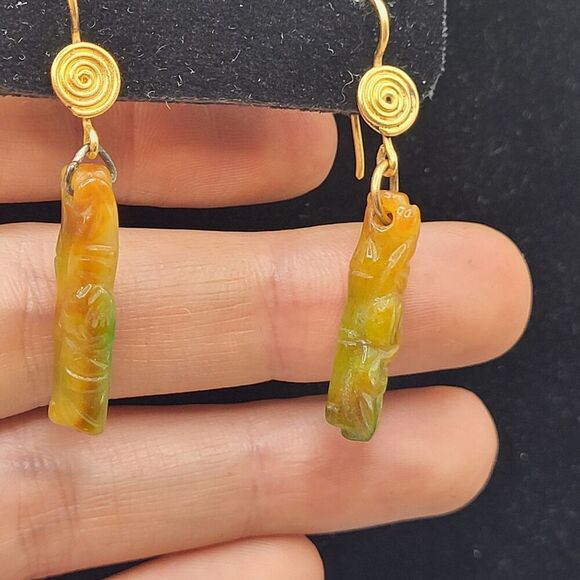 Artisan Carved Jade Orange Green Dangle Drop Earrings 1.75in - Picture 3 of 4
